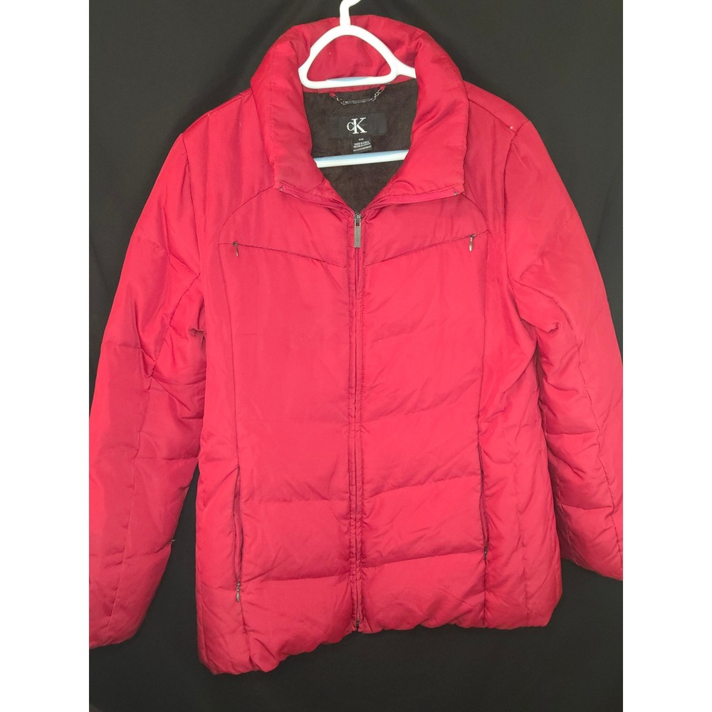 Calvin Klein Duck Down Red Puffer Jacket Fleece Lined Zip Front Women's M